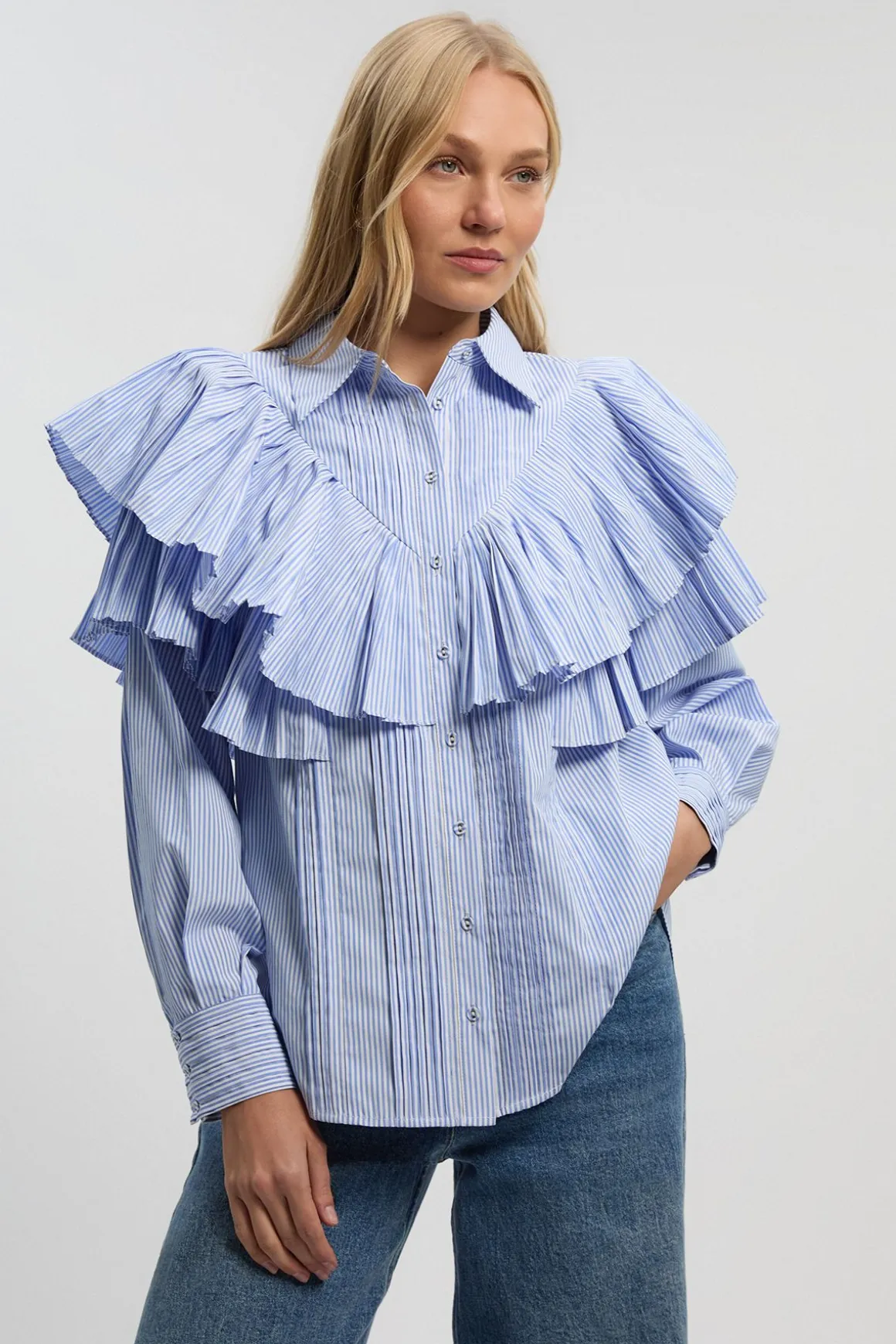 Chemise Tissée à Col avec Détails de Volants à Rayures en Popeline de Coton Manches Longues