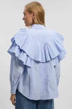 Chemise Tissée à Col avec Détails de Volants à Rayures en Popeline de Coton Manches Longues