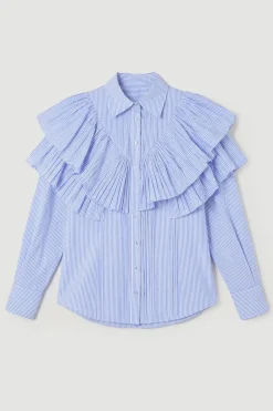 Chemise Tissée à Col avec Détails de Volants à Rayures en Popeline de Coton Manches Longues