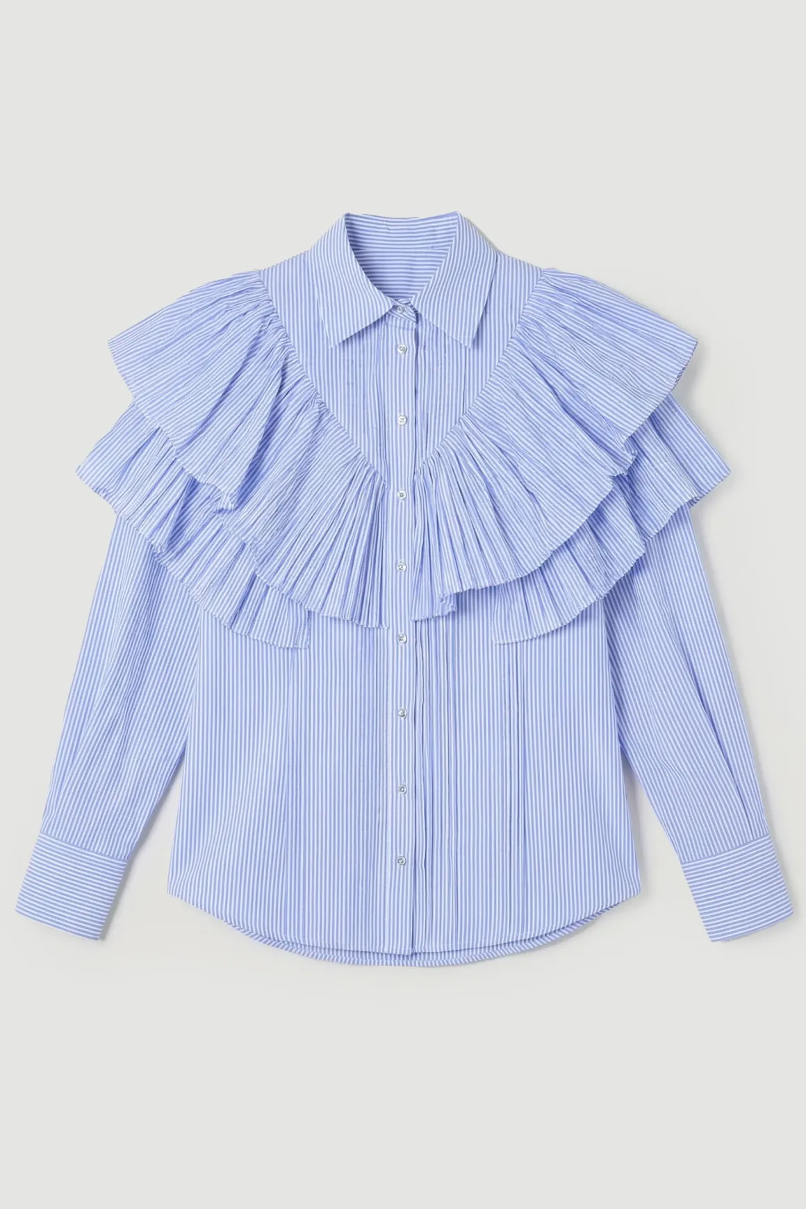 Chemise Tissée à Col avec Détails de Volants à Rayures en Popeline de Coton Manches Longues