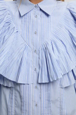 Chemise Tissée à Col avec Détails de Volants à Rayures en Popeline de Coton Manches Longues