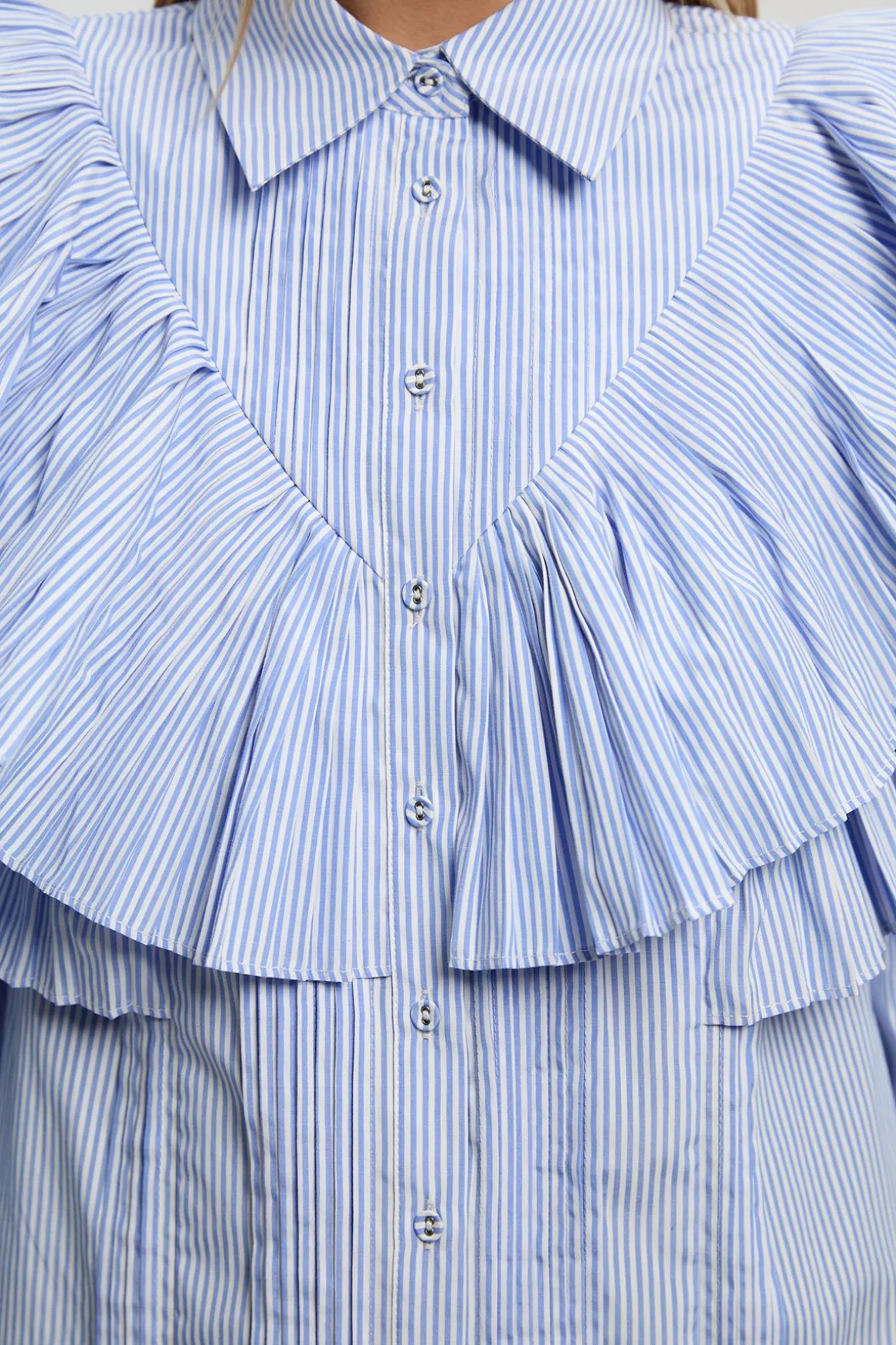 Chemise Tissée à Col avec Détails de Volants à Rayures en Popeline de Coton Manches Longues