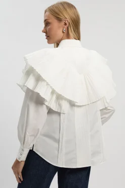 Chemise Tissée à Col avec Détails Volantés en Popeline de Coton à Manches Longues