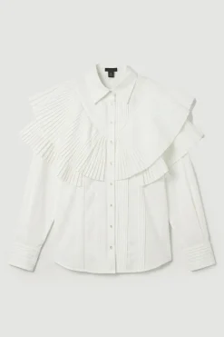Chemise Tissée à Col avec Détails Volantés en Popeline de Coton à Manches Longues