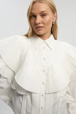Chemise Tissée à Col avec Détails Volantés en Popeline de Coton à Manches Longues