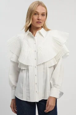 Chemise Tissée à Col avec Détails Volantés en Popeline de Coton à Manches Longues