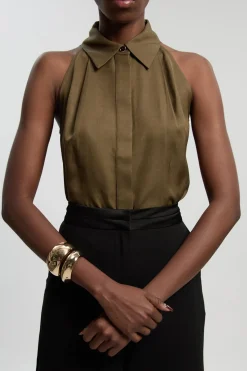 KarenMillen Chemise Tissée Col Licou En Viscose Lin Premium<Femme Tops