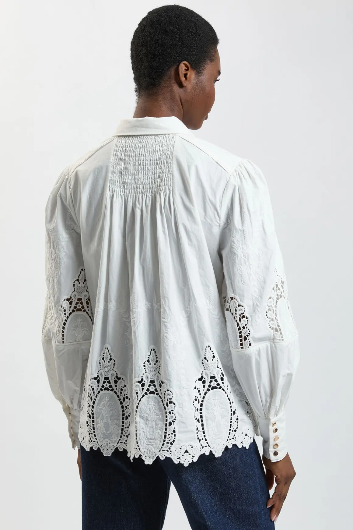 Chemise Tissée En Coton À Manches Ballon Et Broderie Ajourée