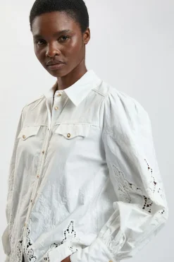 Chemise Tissée En Coton À Manches Ballon Et Broderie Ajourée