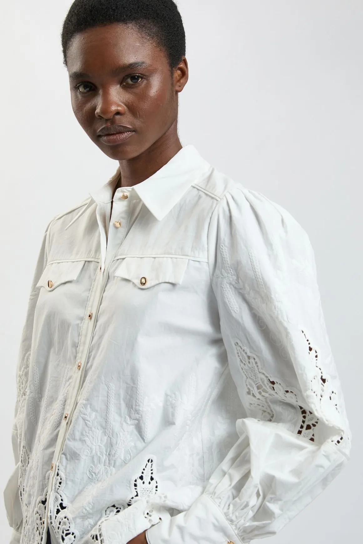 Chemise Tissée En Coton À Manches Ballon Et Broderie Ajourée