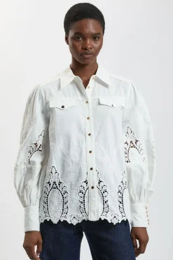 Chemise Tissée En Coton À Manches Ballon Et Broderie Ajourée