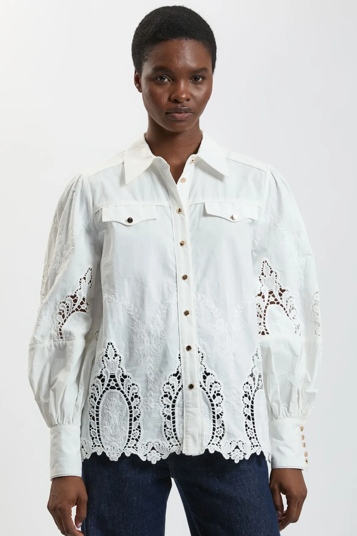 Chemise Tissée En Coton À Manches Ballon Et Broderie Ajourée