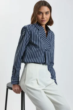 Chemise Tissée en Coton à Rayures avec Détail de Patte de Boutonnage Coupe Ample