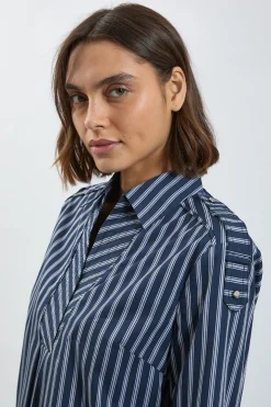 Chemise Tissée en Coton à Rayures avec Détail de Patte de Boutonnage Coupe Ample