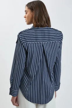Chemise Tissée en Coton à Rayures avec Détail de Patte de Boutonnage Coupe Ample