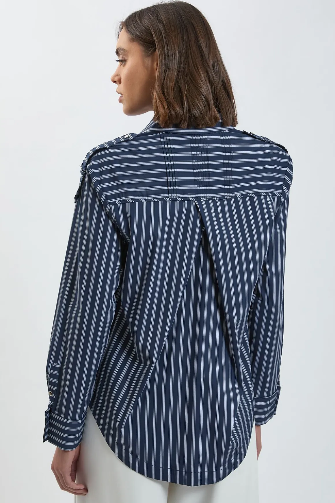 Chemise Tissée en Coton à Rayures avec Détail de Patte de Boutonnage Coupe Ample