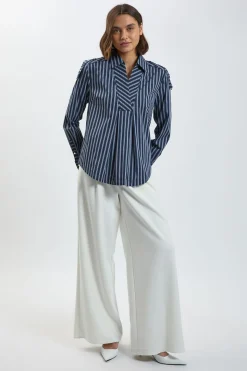 Chemise Tissée en Coton à Rayures avec Détail de Patte de Boutonnage Coupe Ample