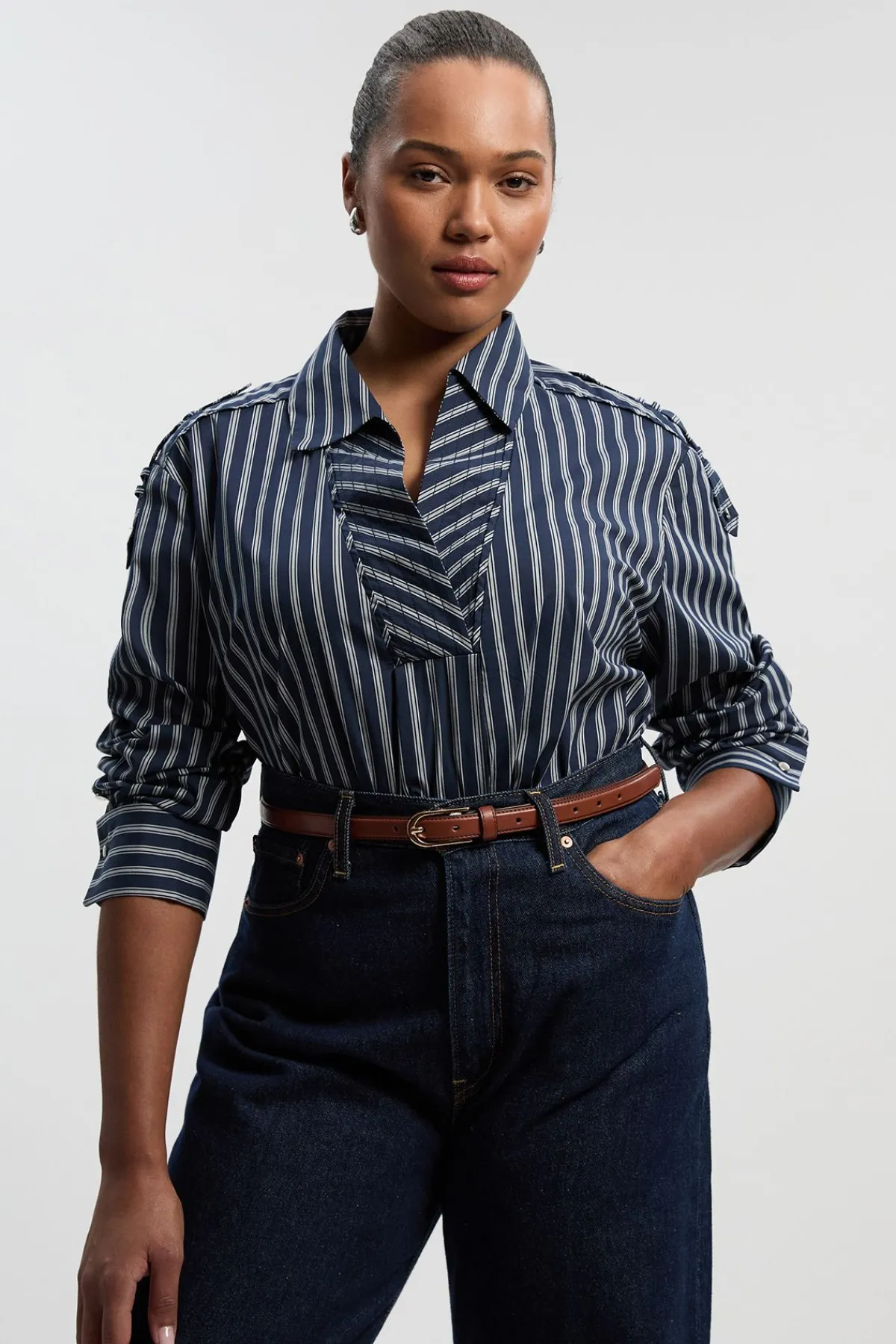 KarenMillen Chemise Tissée en Coton à Rayures Coupe Ample Grande Taille avec Détail de Patte de Boutonnage<Femme Tops