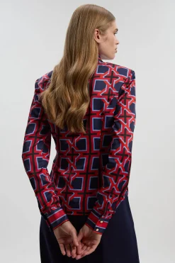 Chemise Tissée en Satin Martelé à Imprimé Géométrique avec Ceinture à Nouer