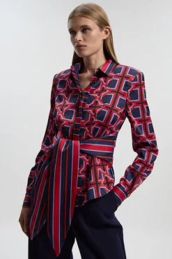 Chemise Tissée en Satin Martelé à Imprimé Géométrique avec Ceinture à Nouer
