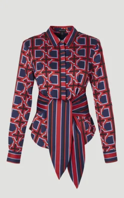 Chemise Tissée en Satin Martelé à Imprimé Géométrique avec Ceinture à Nouer
