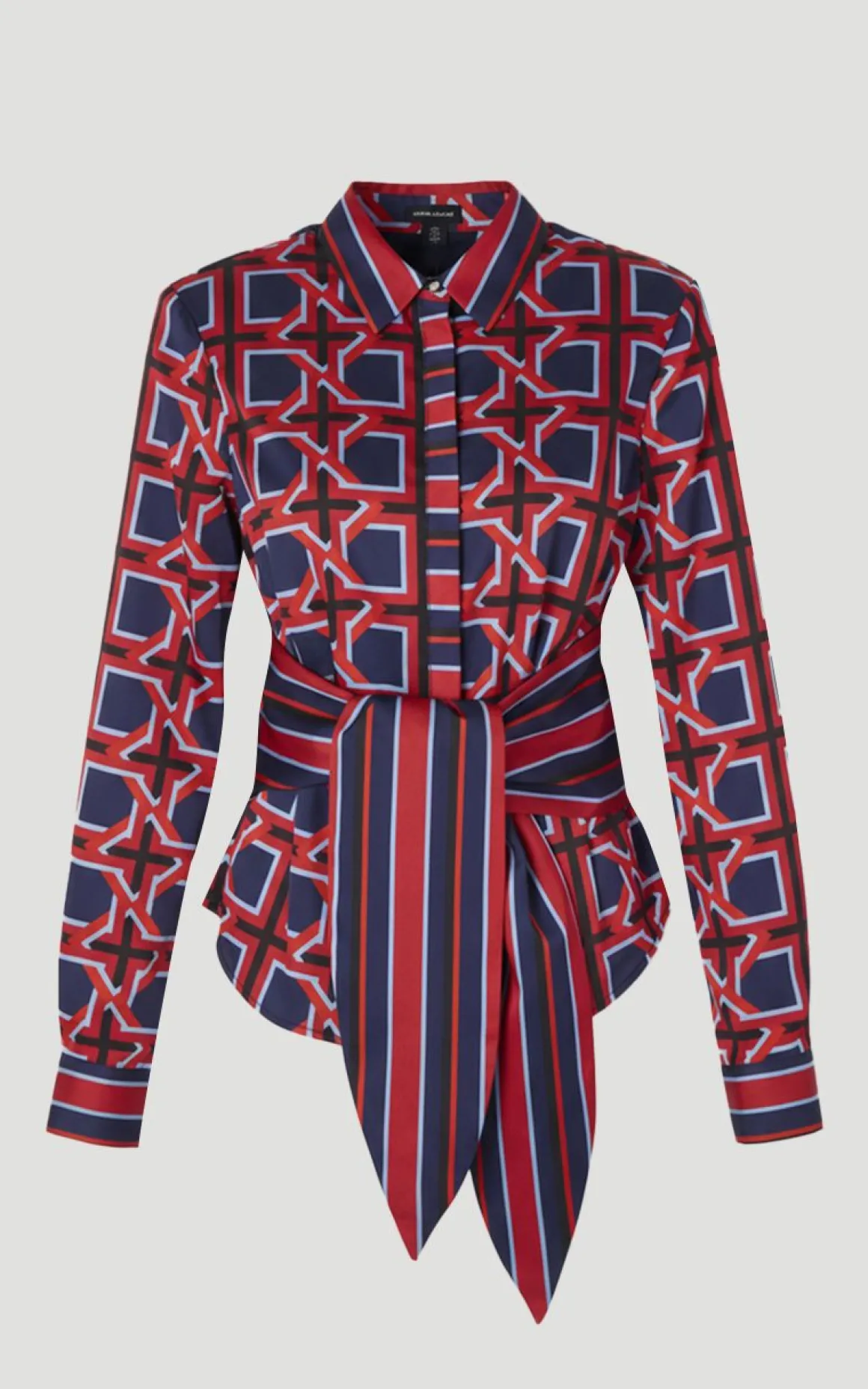 Chemise Tissée en Satin Martelé à Imprimé Géométrique avec Ceinture à Nouer