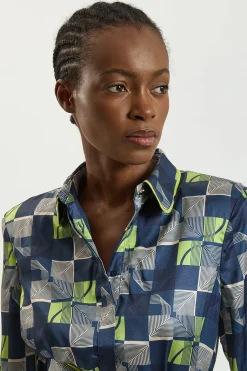 Chemise Tissée En Satin Martelé À Imprimé Géométrique Avec Ceinture À Nouer