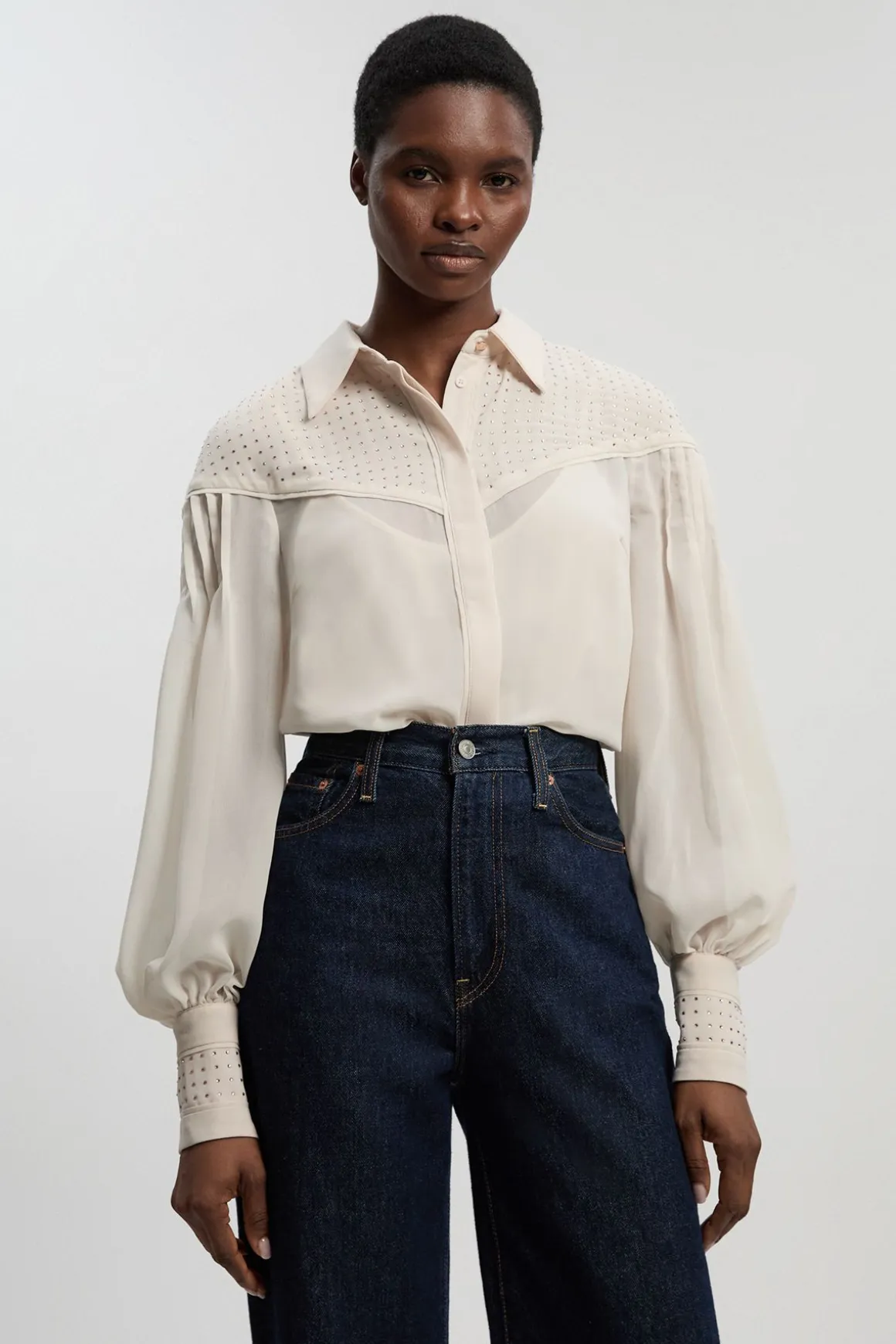 Chemise Tissée à Manches Longues avec Clous Thermocollés