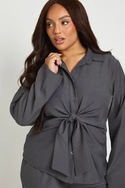 Chemise Tissée à Nouage Devant et Pantalon Large Taille Plus