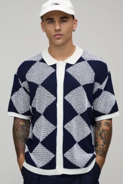 Chemise Tricotée Au Crochet À Mailles Ajourées Coupe Décontractée