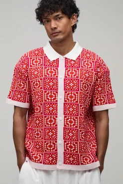 Chemise Tricotée À Carreaux Crochet Coupe Décontractée