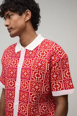 Chemise Tricotée À Carreaux Crochet Coupe Décontractée