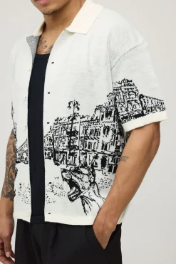 Chemise Tricotée Décontractée Coupe Ample Motif Paysage