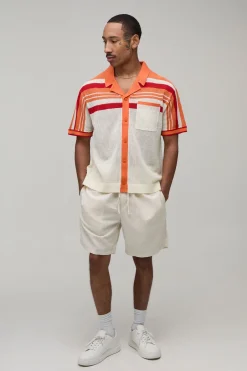 boohooMAN Chemise Tricotée Décontractée À Coupe Ample Avec Maille Ajourée Et Rayures<Homme Chemises|Maille