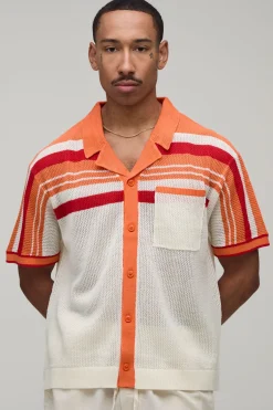 boohooMAN Chemise Tricotée Décontractée À Coupe Ample Avec Maille Ajourée Et Rayures<Homme Chemises|Maille