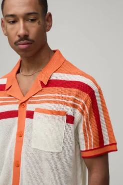 boohooMAN Chemise Tricotée Décontractée À Coupe Ample Avec Maille Ajourée Et Rayures<Homme Chemises|Maille