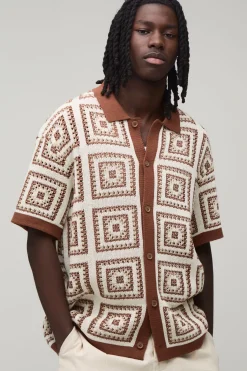 Chemise Tricotée Décontractée À Motif Tapisserie Patchwork Crochet