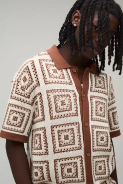 Chemise Tricotée Décontractée À Motif Tapisserie Patchwork Crochet