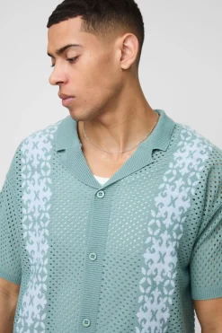 Chemise tricotée à effet crochet, coupe décontractée avec bordure en rayures