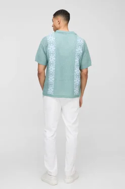 Chemise tricotée à effet crochet, coupe décontractée avec bordure en rayures