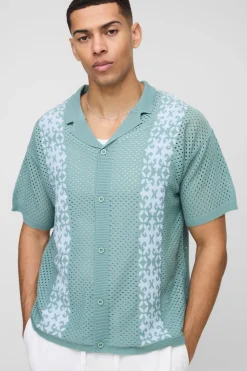 Chemise tricotée à effet crochet, coupe décontractée avec bordure en rayures