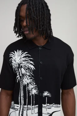 Chemise Tricotée Jacquard Décontractée Motif Palmiers Pour Homme Grand