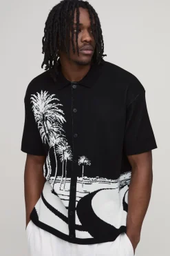 Chemise Tricotée Jacquard Décontractée Motif Palmiers Pour Homme Grand
