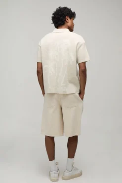 Chemise Tricotée Jacquard Décontractée Motif Palmiers Et Paysages