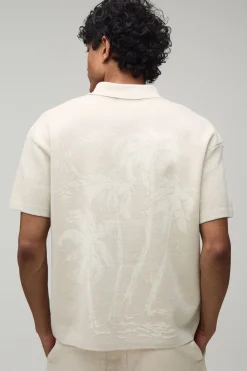 Chemise Tricotée Jacquard Décontractée Motif Palmiers Et Paysages