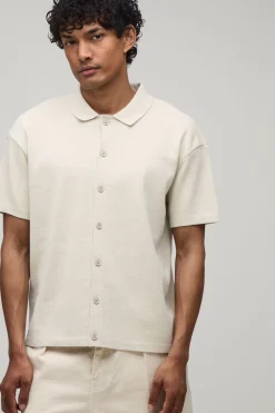 Chemise Tricotée Jacquard Décontractée Motif Palmiers Et Paysages
