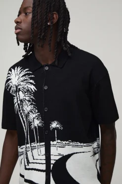 Chemise Tricotée Jacquard Décontractée Motif Palmiers