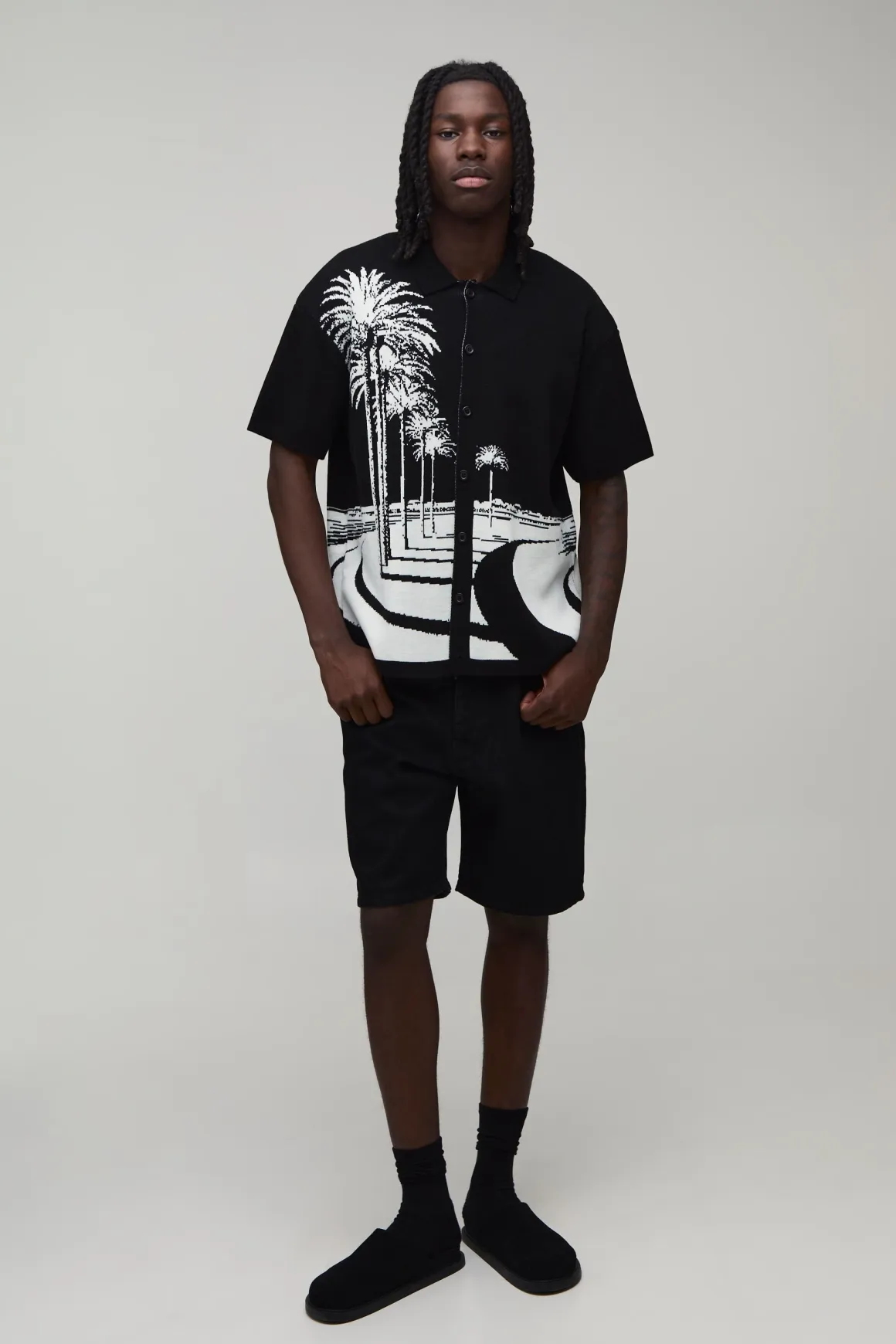 Chemise Tricotée Jacquard Décontractée Motif Palmiers