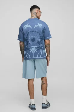 boohooMAN Chemise tricotée jacquard à motif palmiers et paysage, coupe décontractée pour grandes tailles<Homme Tout Afficher|Mailles Tall