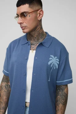 boohooMAN Chemise tricotée jacquard à motif palmiers et paysage, coupe décontractée pour grandes tailles<Homme Tout Afficher|Mailles Tall